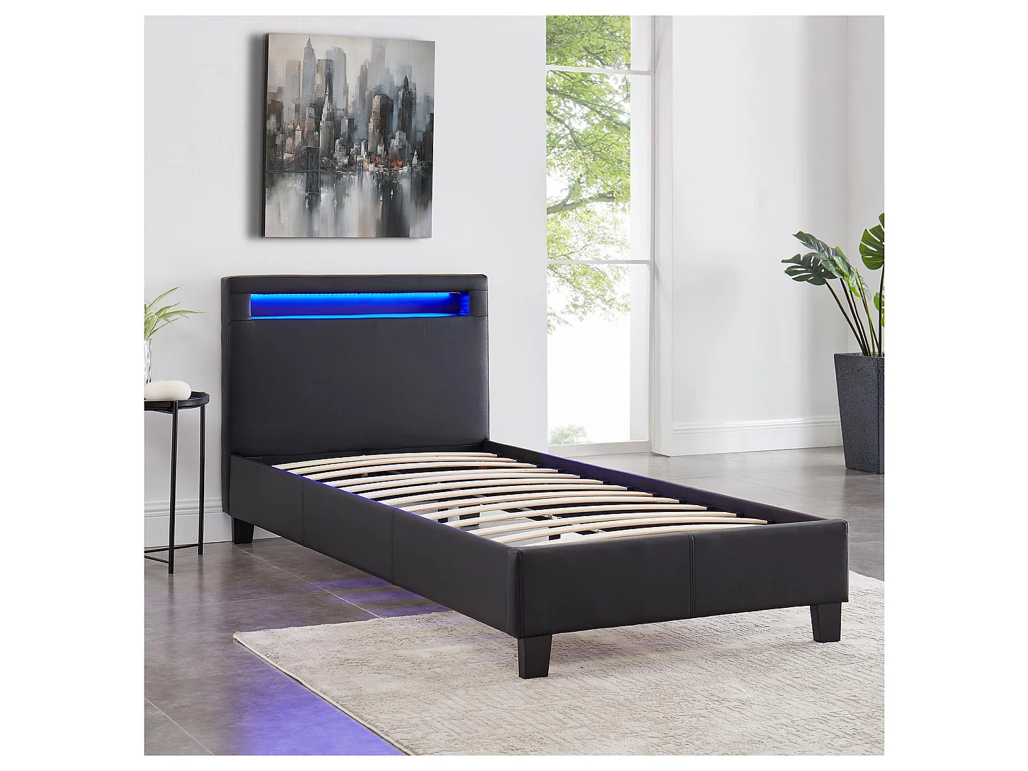 Lit LED simple 90x190 cm avec sommier, tête de lit confortable, lit 1 place revêtement synthétique noir, LUCENO