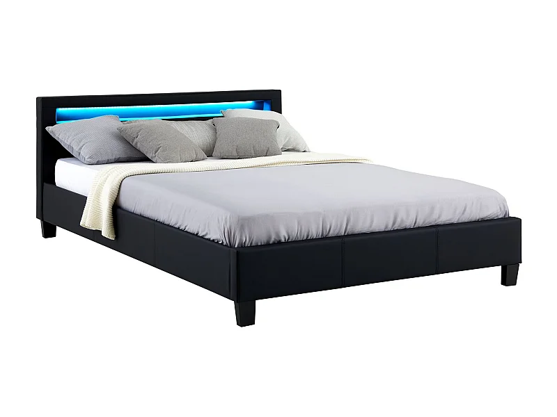 Lit LED double 140x190 cm avec sommier, tête de lit confortable, lit 1 place revêtement synthétique noir, PINOT