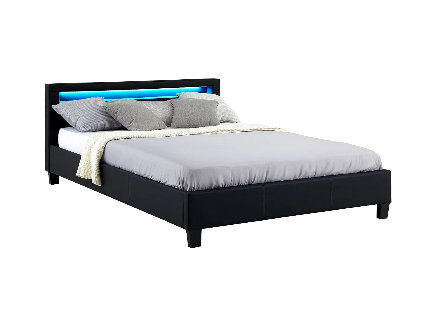 Lit LED double 140x190 cm avec sommier, tête de lit confortable, lit 1 place revêtement synthétique noir, PINOT