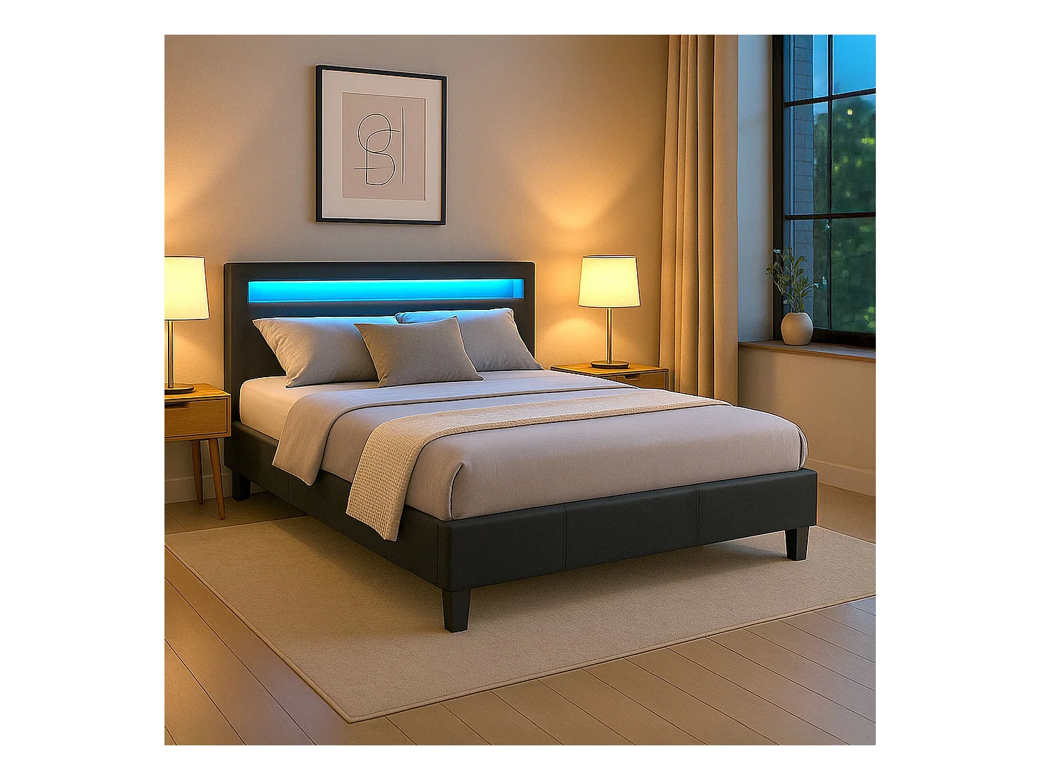 Lit LED double 140x190 cm avec sommier, tête de lit confortable, lit 1 place revêtement synthétique noir, PINOT