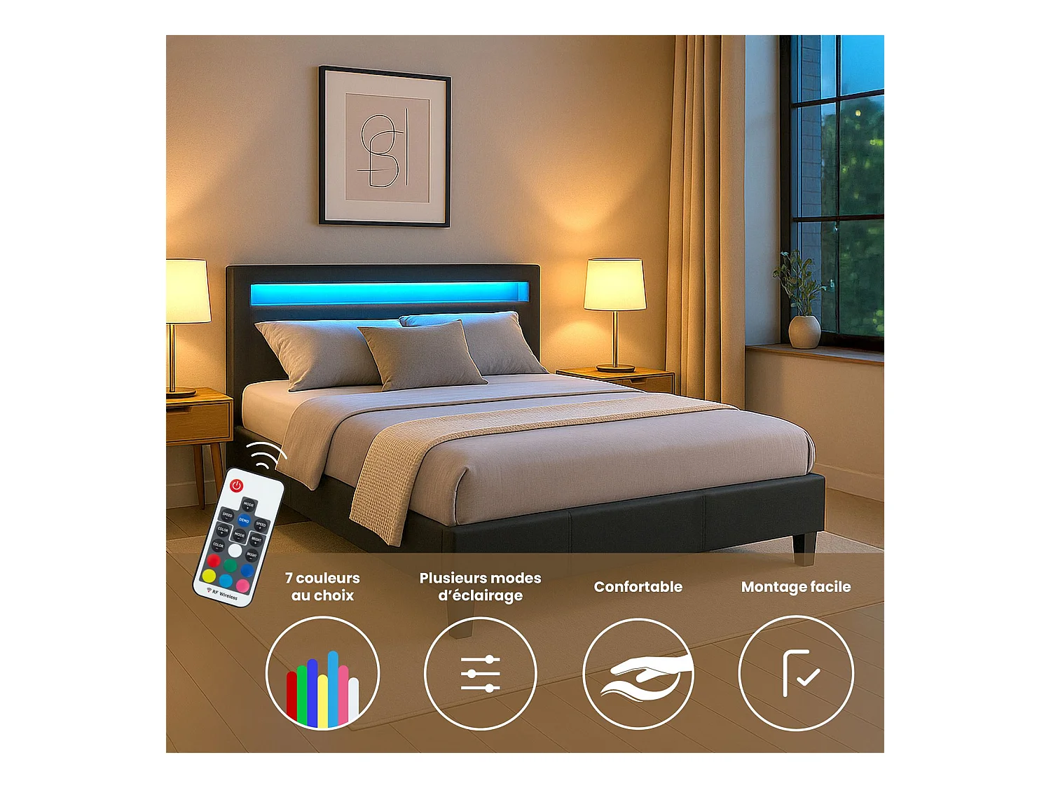 Lit LED double 140x190 cm avec sommier, tête de lit confortable, lit 1 place revêtement synthétique noir, PINOT