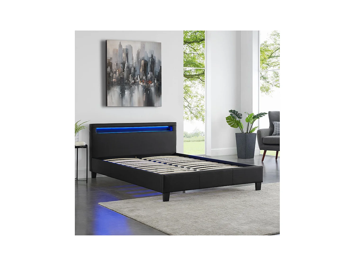 Lit LED double 140x190 cm avec sommier, tête de lit confortable, lit 1 place revêtement synthétique noir, PINOT