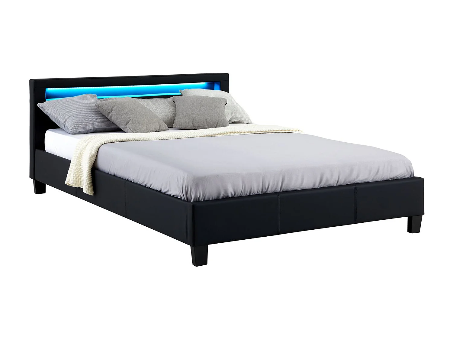 Lit LED double 140x190 cm avec sommier, tête de lit confortable, lit 1 place revêtement synthétique noir, PINOT