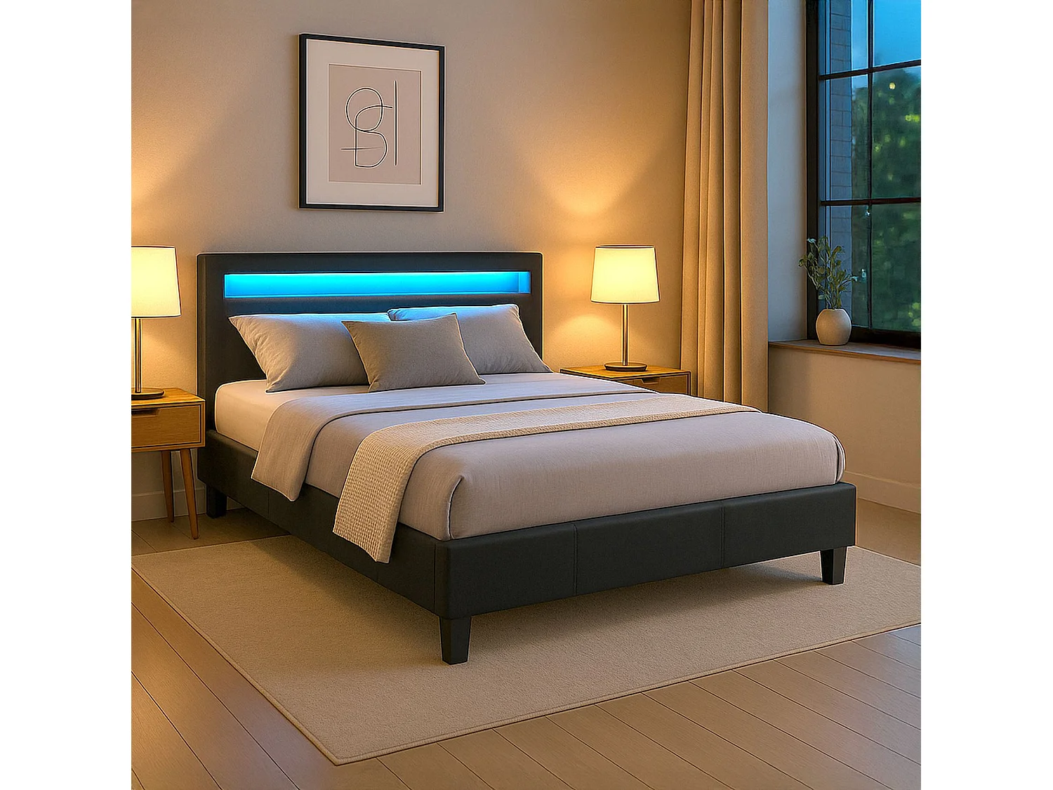 Lit LED double 140x190 cm avec sommier, tête de lit confortable, lit 1 place revêtement synthétique noir, PINOT