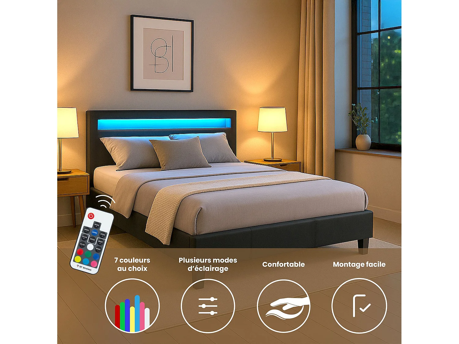 Lit LED double 140x190 cm avec sommier, tête de lit confortable, lit 1 place revêtement synthétique noir, PINOT