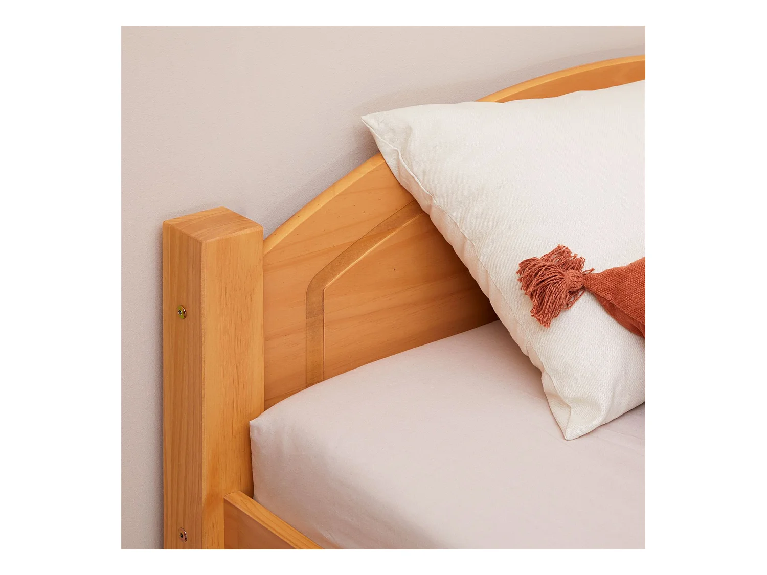 Lit simple FLIMS 90 x 200 cm lit pour enfant en pin massif lasuré couleur hêtre, avec tête et pied de lit arrondi