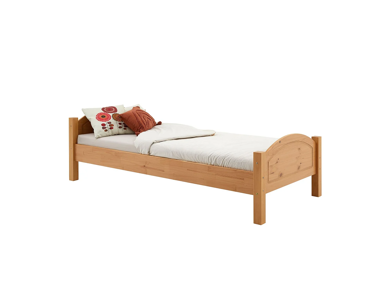Lit simple FLIMS 90 x 200 cm lit pour enfant en pin massif lasuré couleur hêtre, avec tête et pied de lit arrondi