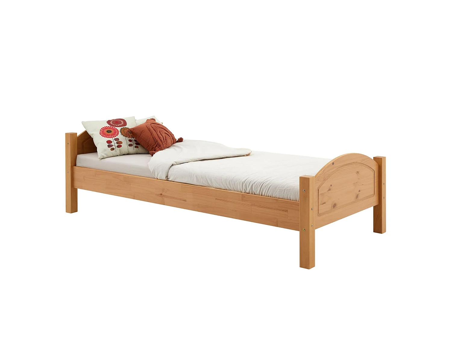 Lit simple FLIMS 90 x 200 cm lit pour enfant en pin massif lasuré couleur hêtre, avec tête et pied de lit arrondi