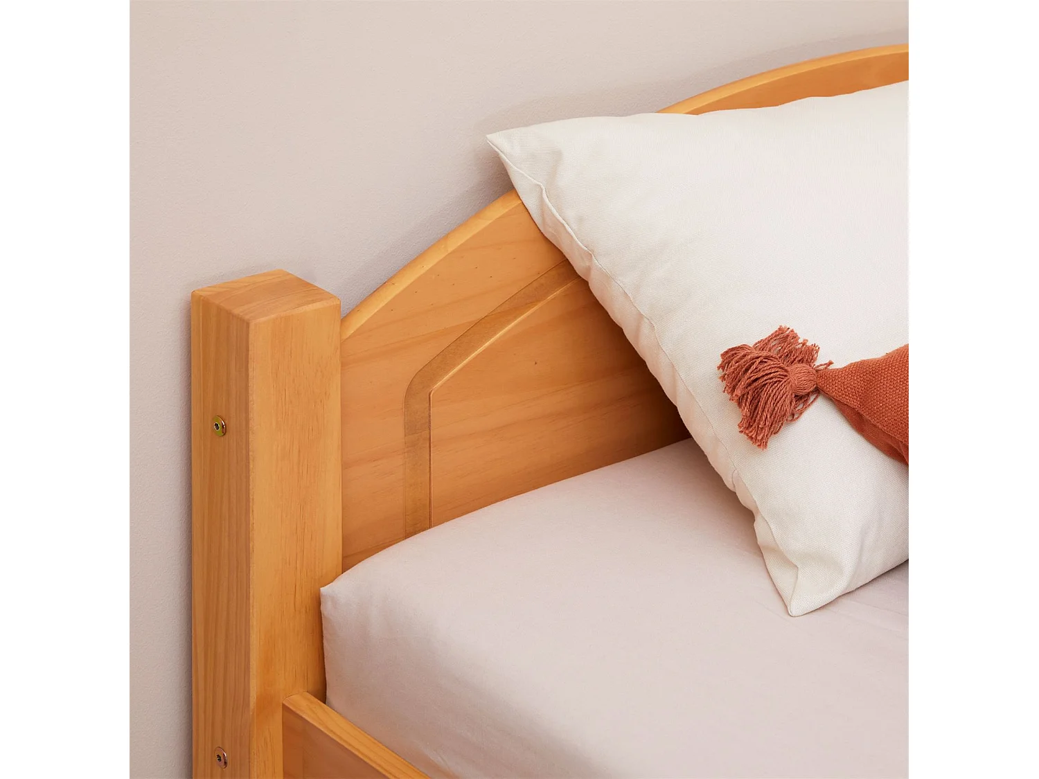 Lit simple FLIMS 90 x 200 cm lit pour enfant en pin massif lasuré couleur hêtre, avec tête et pied de lit arrondi