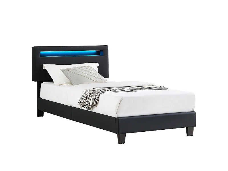Lit LED simple 90x190 cm avec sommier, tête de lit réglable en hauteur, en synthétique noir, EVAN