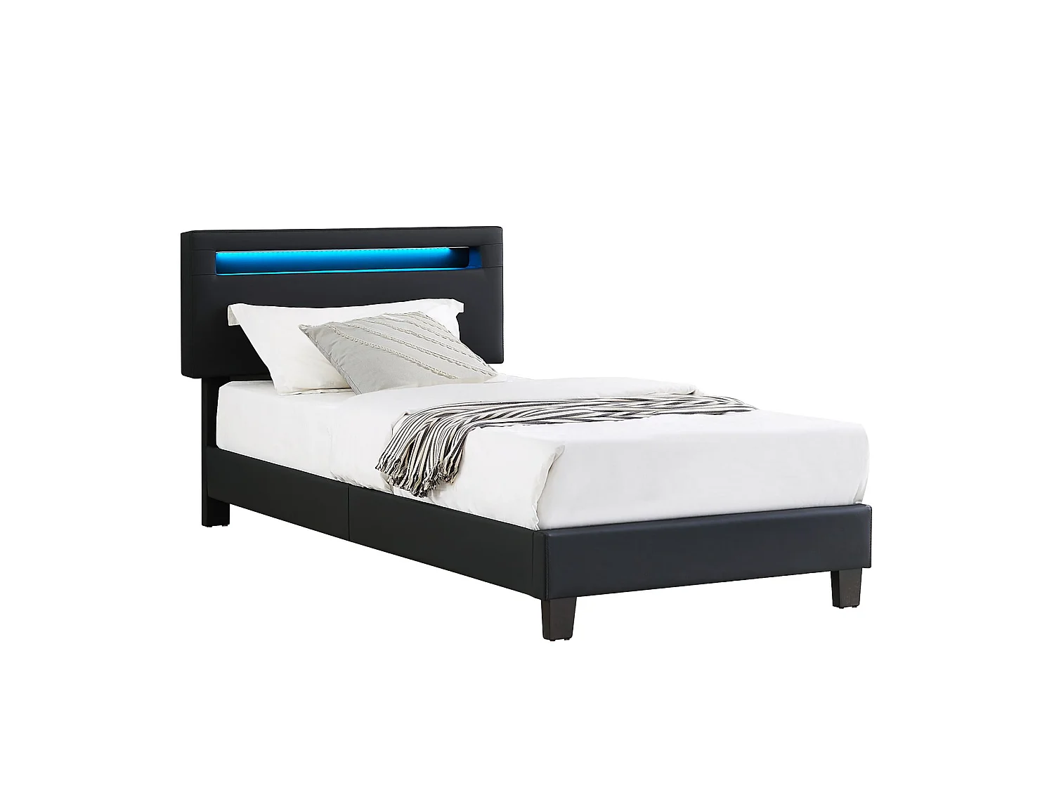 Lit LED simple 90x190 cm avec sommier, tête de lit réglable en hauteur, en synthétique noir, EVAN