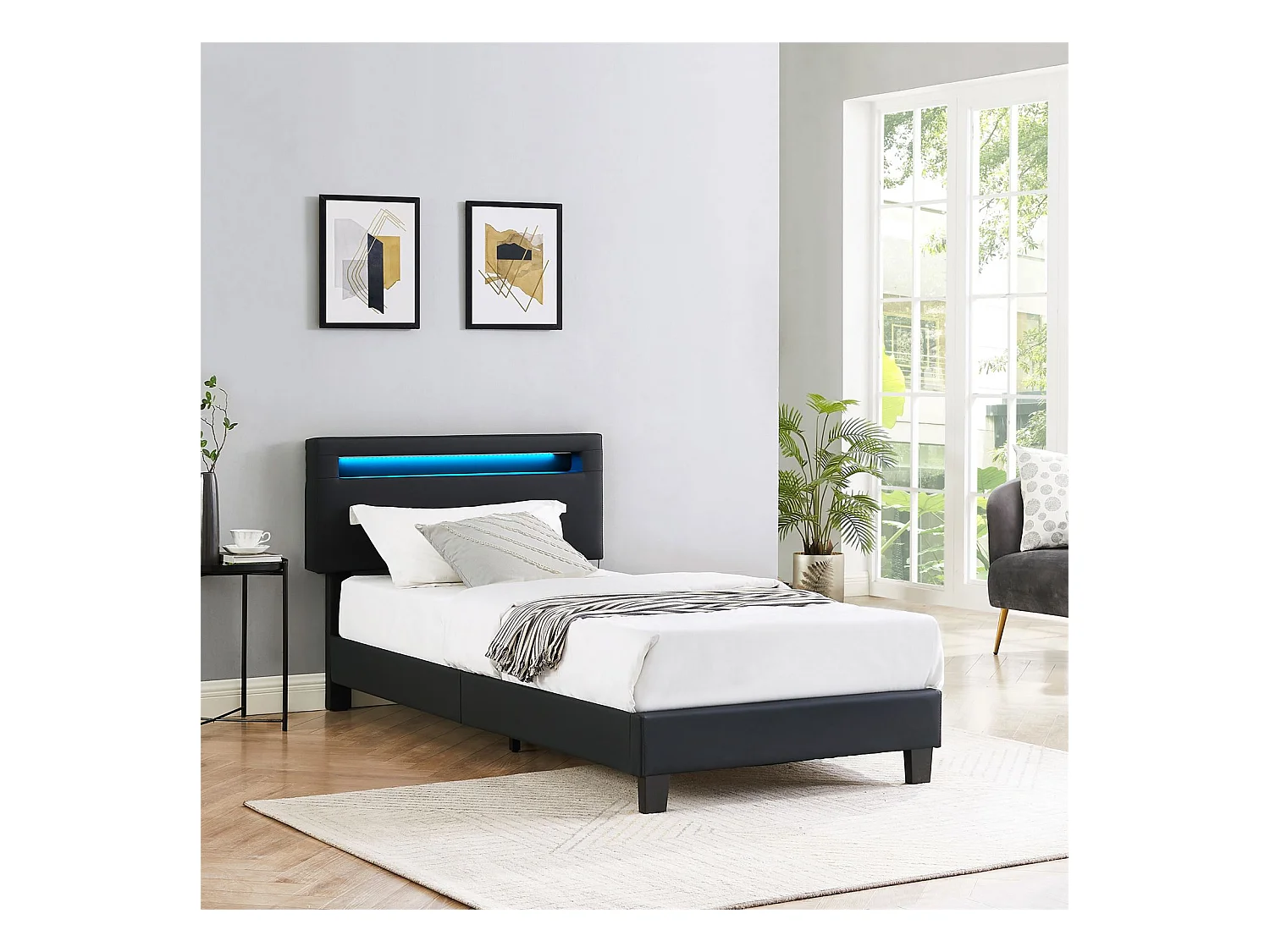 Lit LED simple 90x190 cm avec sommier, tête de lit réglable en hauteur, en synthétique noir, EVAN
