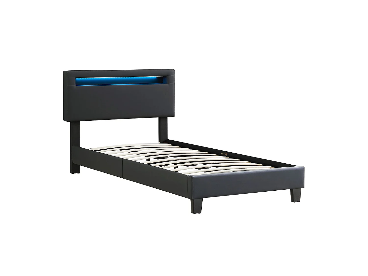 Lit LED simple 90x190 cm avec sommier, tête de lit réglable en hauteur, en synthétique noir, EVAN