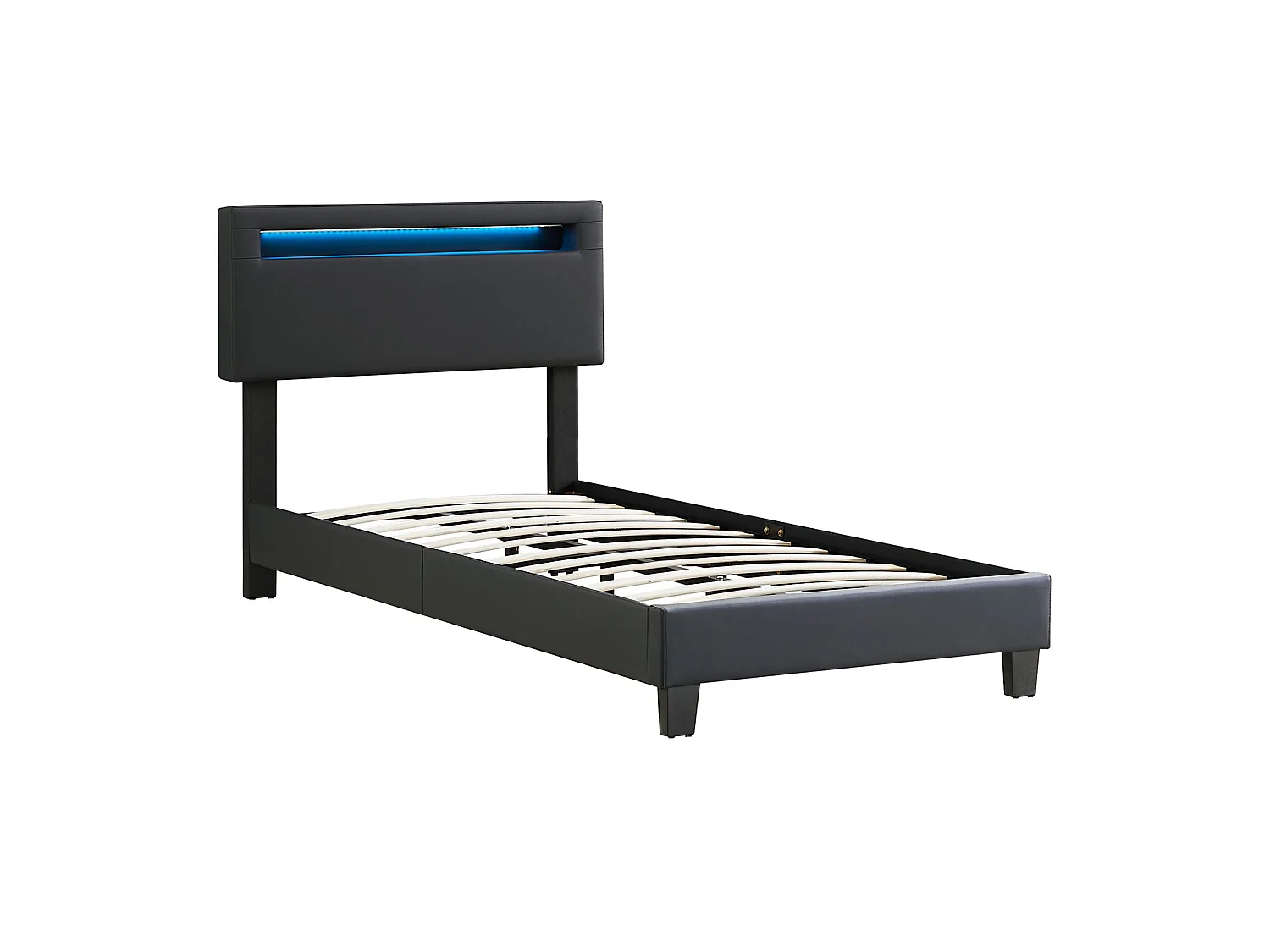 Lit LED simple 90x190 cm avec sommier, tête de lit réglable en hauteur, en synthétique noir, EVAN