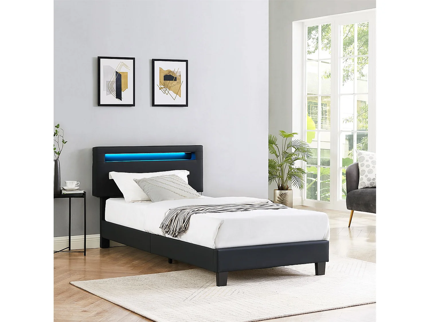 Lit LED simple 90x190 cm avec sommier, tête de lit réglable en hauteur, en synthétique noir, EVAN