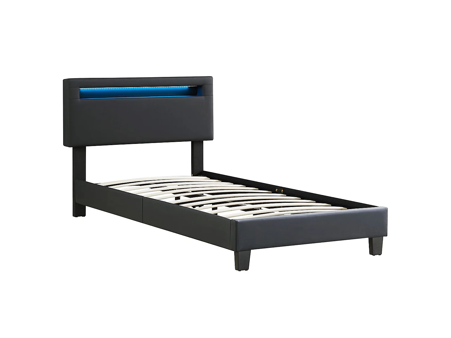 Lit LED simple 90x190 cm avec sommier, tête de lit réglable en hauteur, en synthétique noir, EVAN