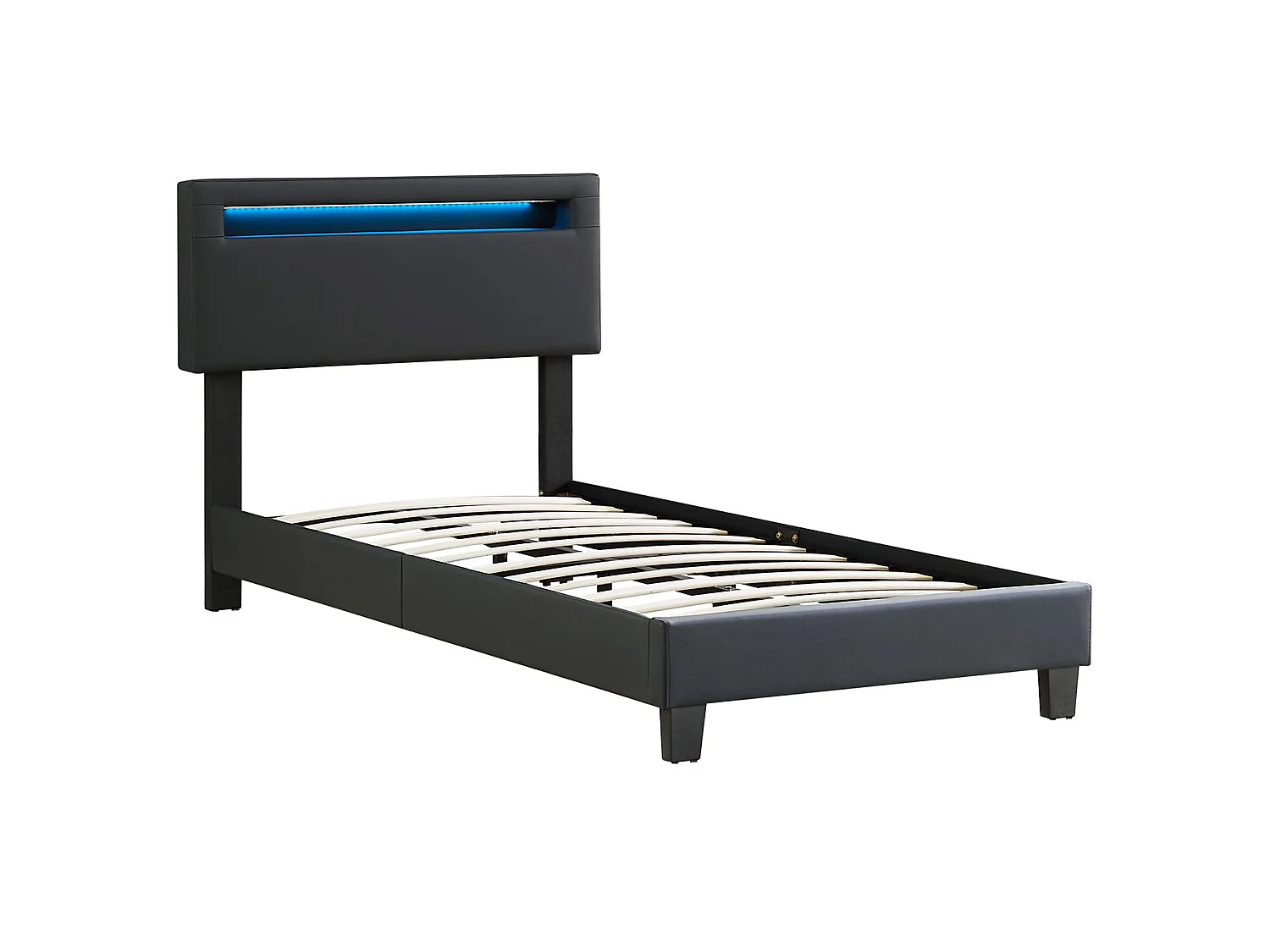 Lit LED simple 90x190 cm avec sommier, tête de lit réglable en hauteur, en synthétique noir, EVAN
