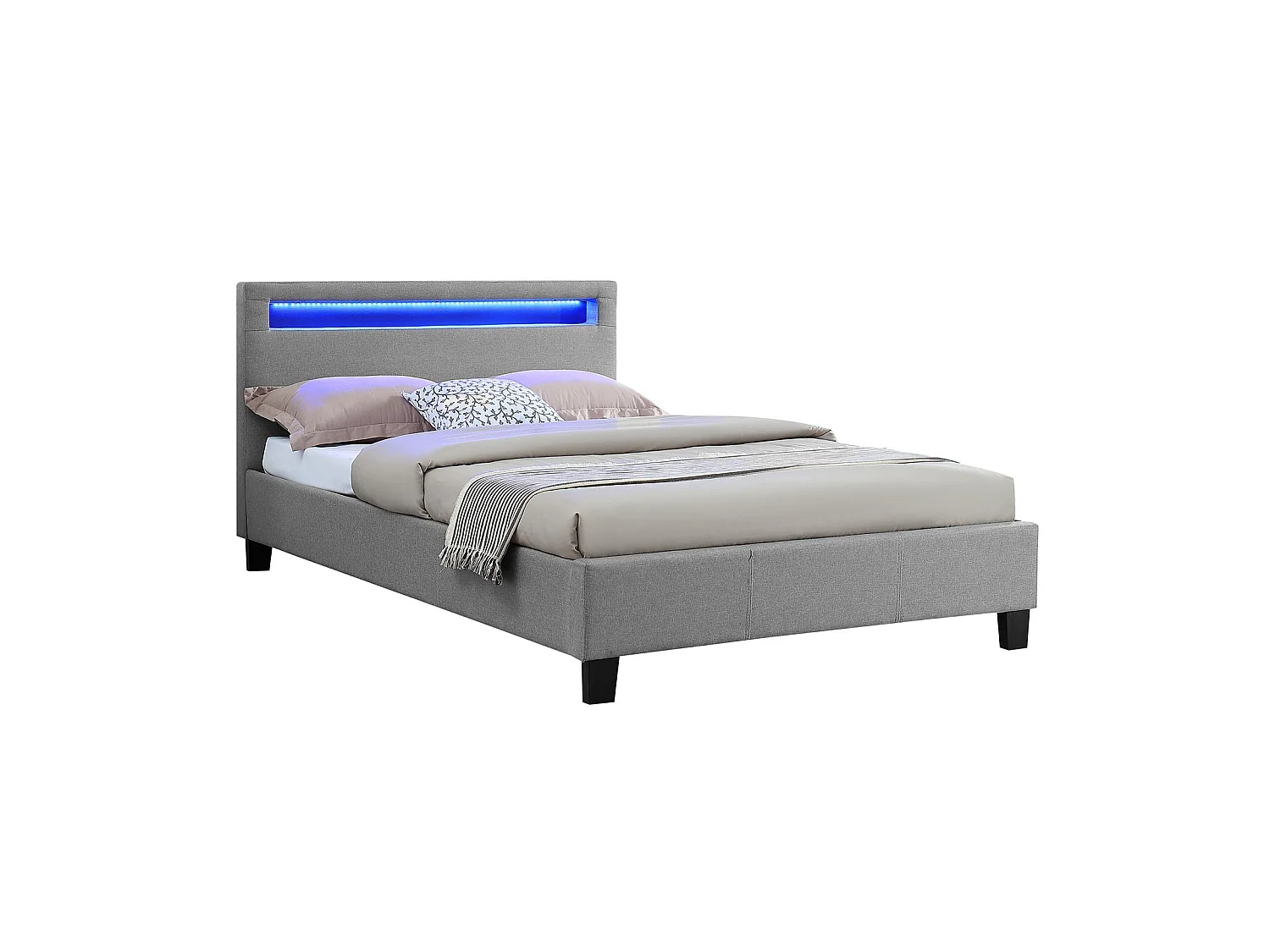 Lit LED simple 120x190 cm avec sommier, tête de lit confortable, lit 1 place revêtement en tissu gris, MARISELA