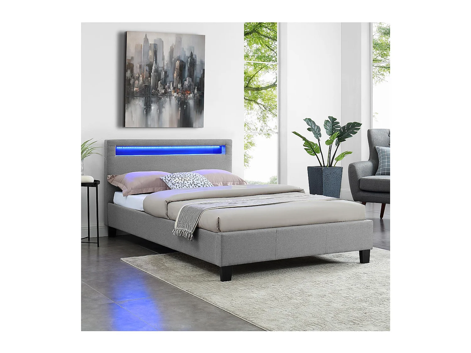 Lit LED simple 120x190 cm avec sommier, tête de lit confortable, lit 1 place revêtement en tissu gris, MARISELA