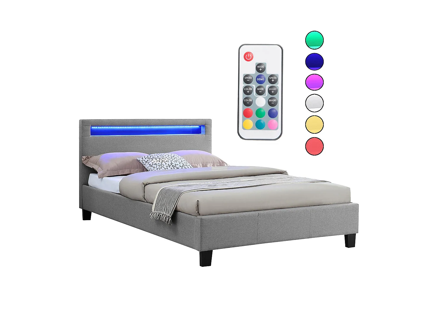 Lit LED simple 120x190 cm avec sommier, tête de lit confortable, lit 1 place revêtement en tissu gris, MARISELA