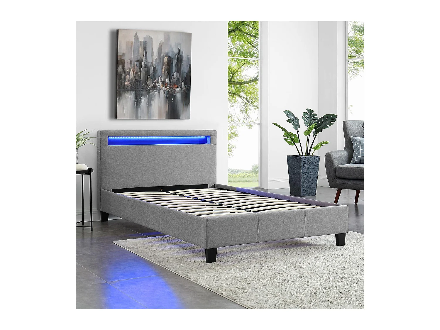Lit LED simple 120x190 cm avec sommier, tête de lit confortable, lit 1 place revêtement en tissu gris, MARISELA