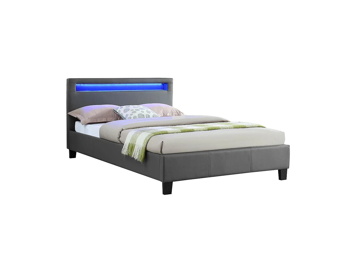 Lit LED simple 120x190 cm avec sommier, tête de lit confortable, lit 1 place revêtement synthétique gris, MIRANDO