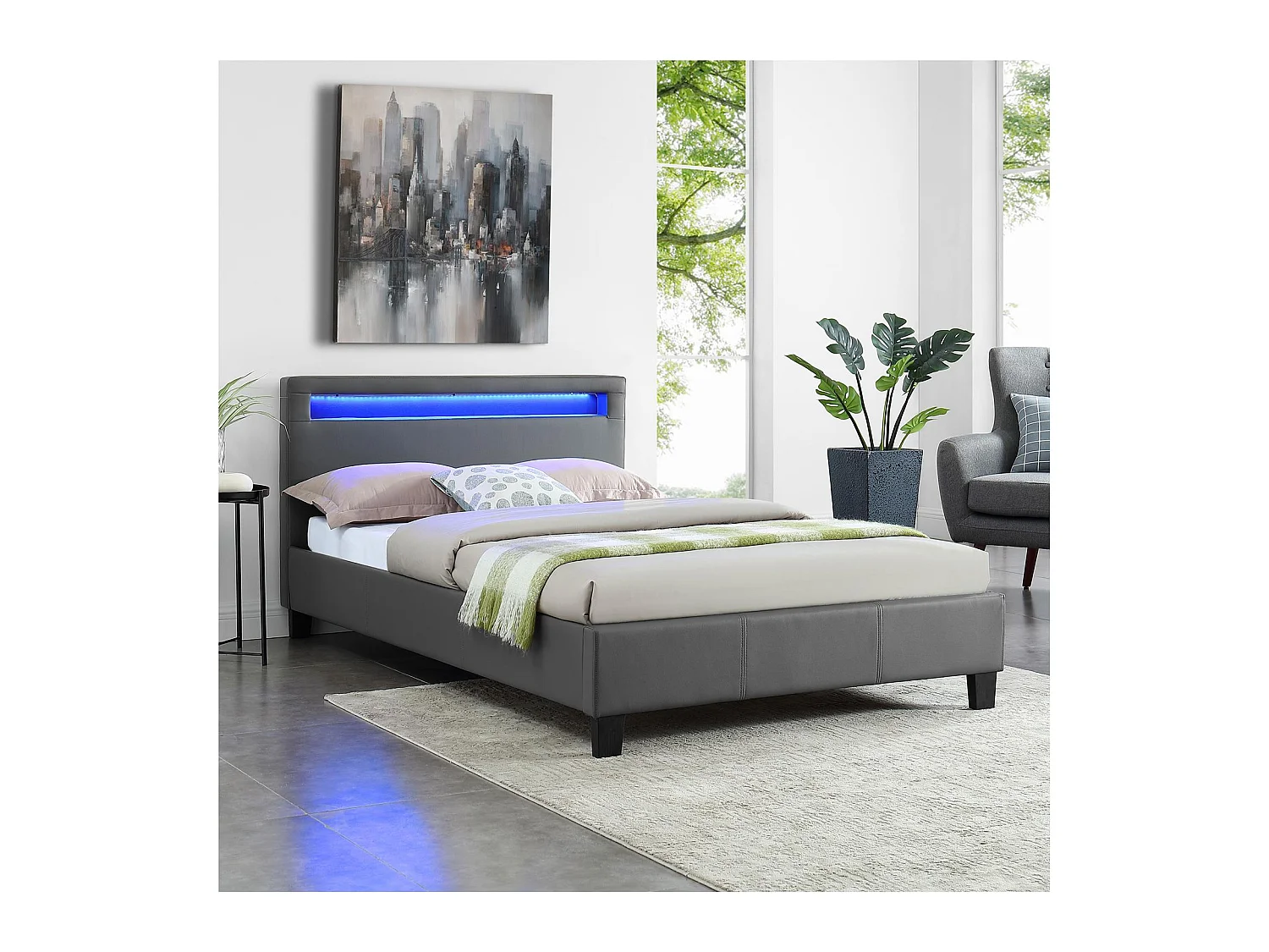 Lit LED simple 120x190 cm avec sommier, tête de lit confortable, lit 1 place revêtement synthétique gris, MIRANDO