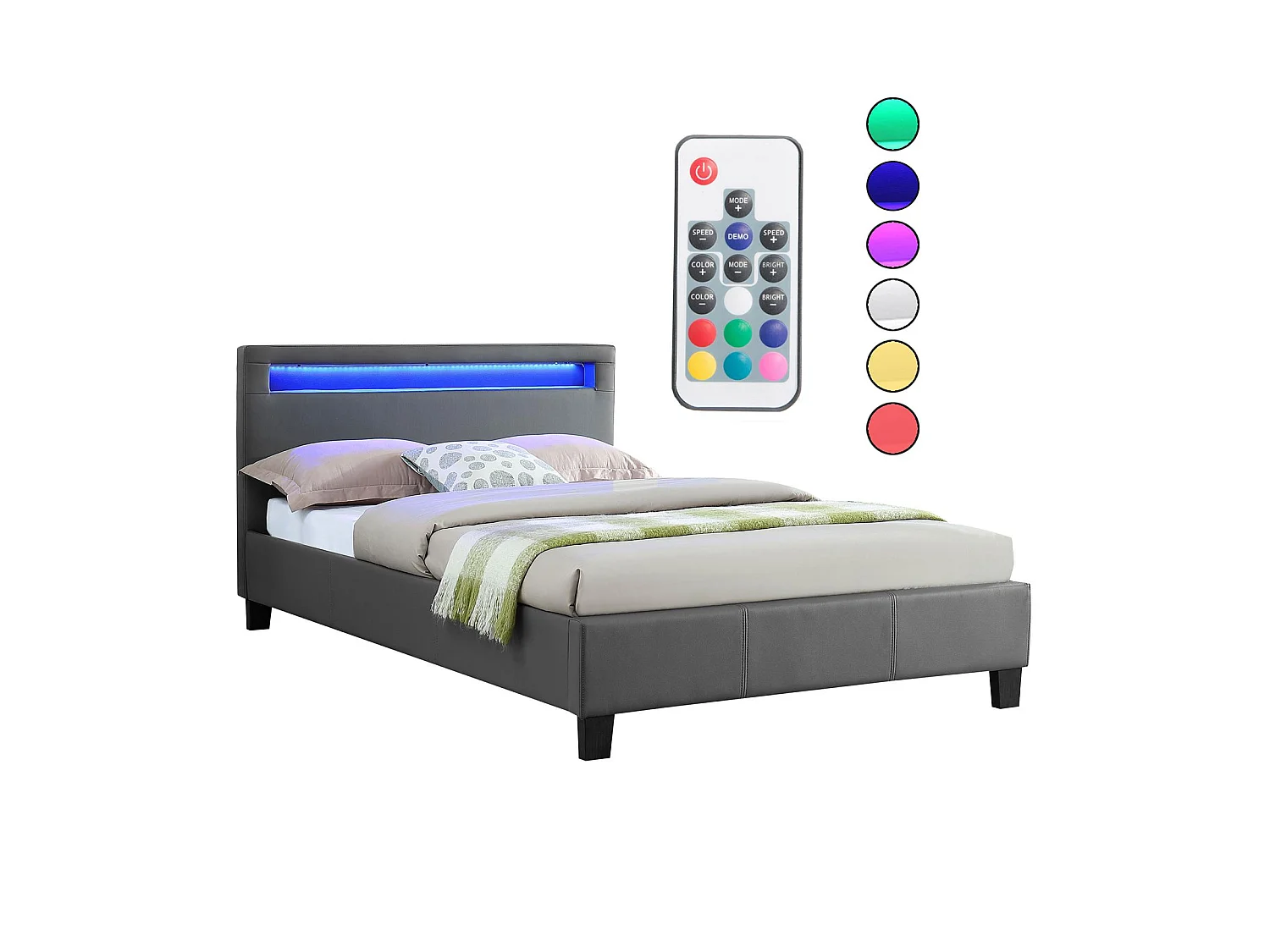 Lit LED simple 120x190 cm avec sommier, tête de lit confortable, lit 1 place revêtement synthétique gris, MIRANDO