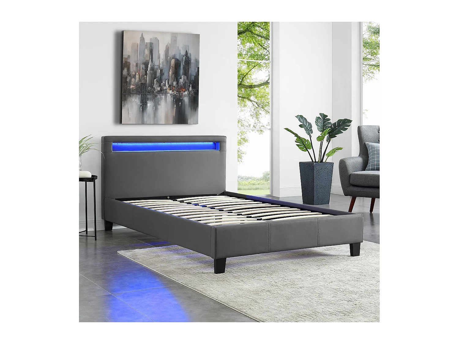 Lit LED simple 120x190 cm avec sommier, tête de lit confortable, lit 1 place revêtement synthétique gris, MIRANDO