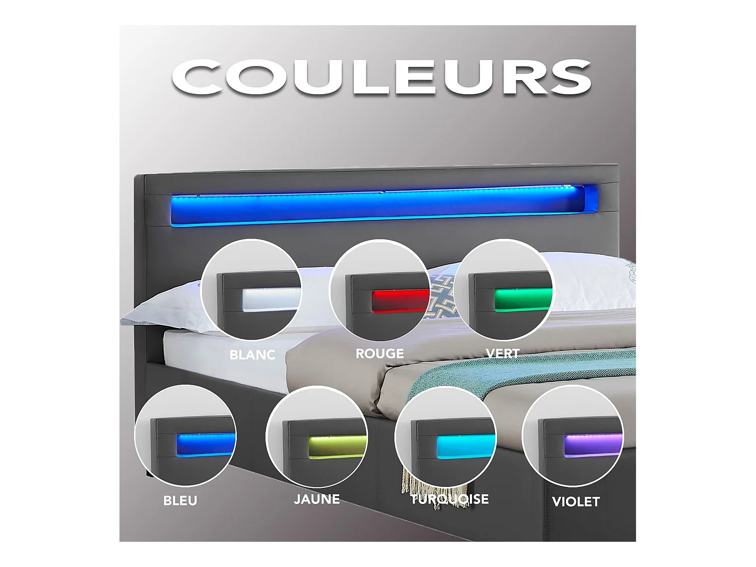 Lit LED simple 120x190 cm avec sommier, tête de lit confortable, lit 1 place revêtement synthétique gris, MIRANDO