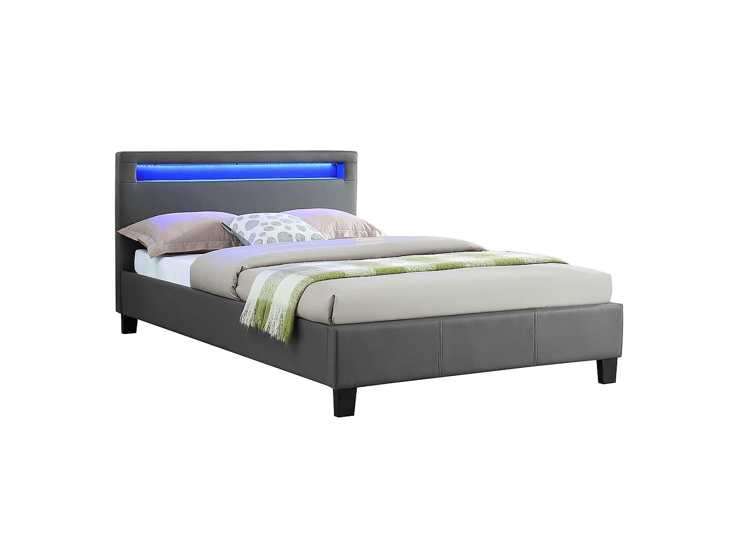 Lit LED simple 120x190 cm avec sommier, tête de lit confortable, lit 1 place revêtement synthétique gris, MIRANDO