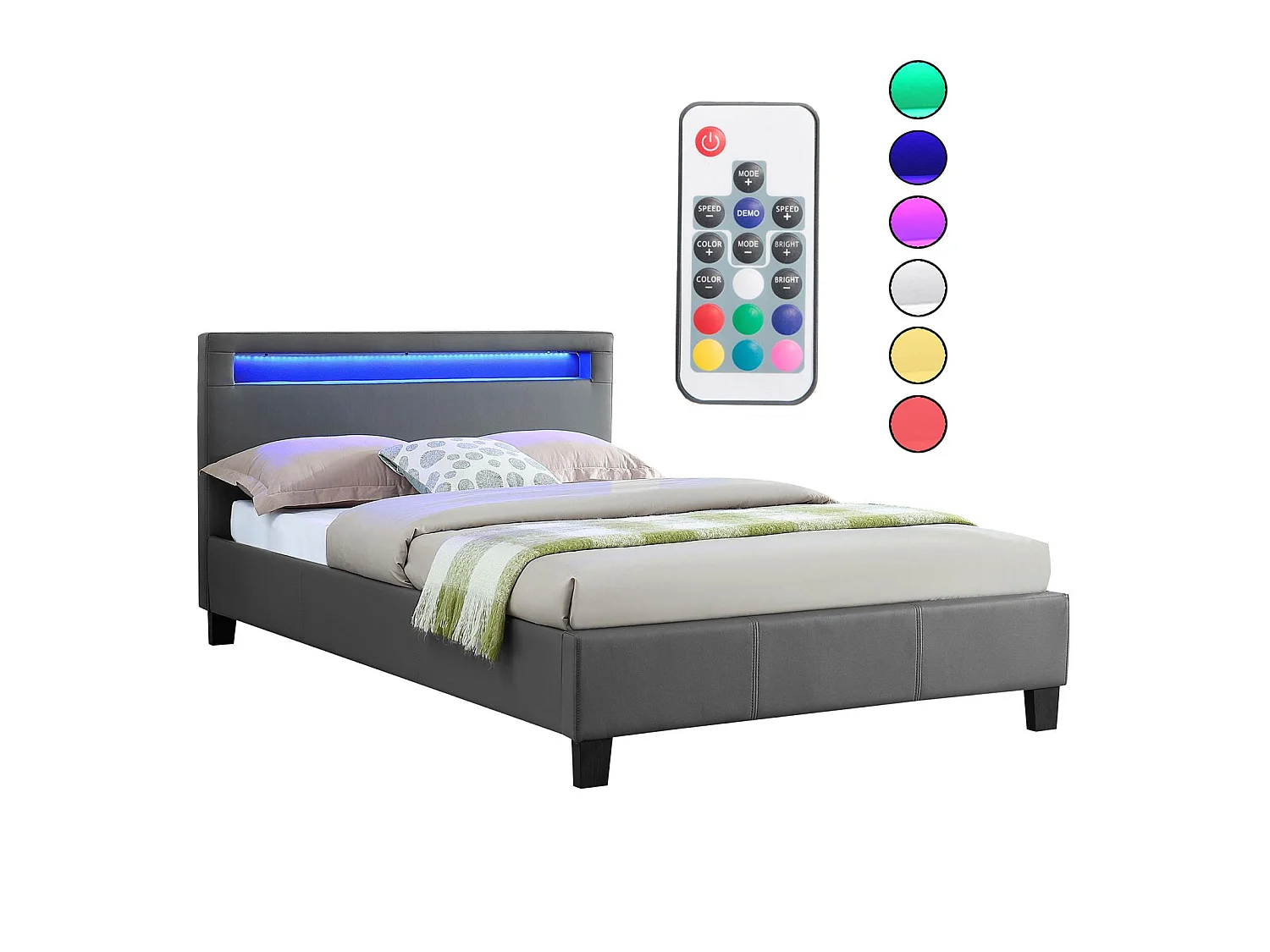 Lit LED simple 120x190 cm avec sommier, tête de lit confortable, lit 1 place revêtement synthétique gris, MIRANDO