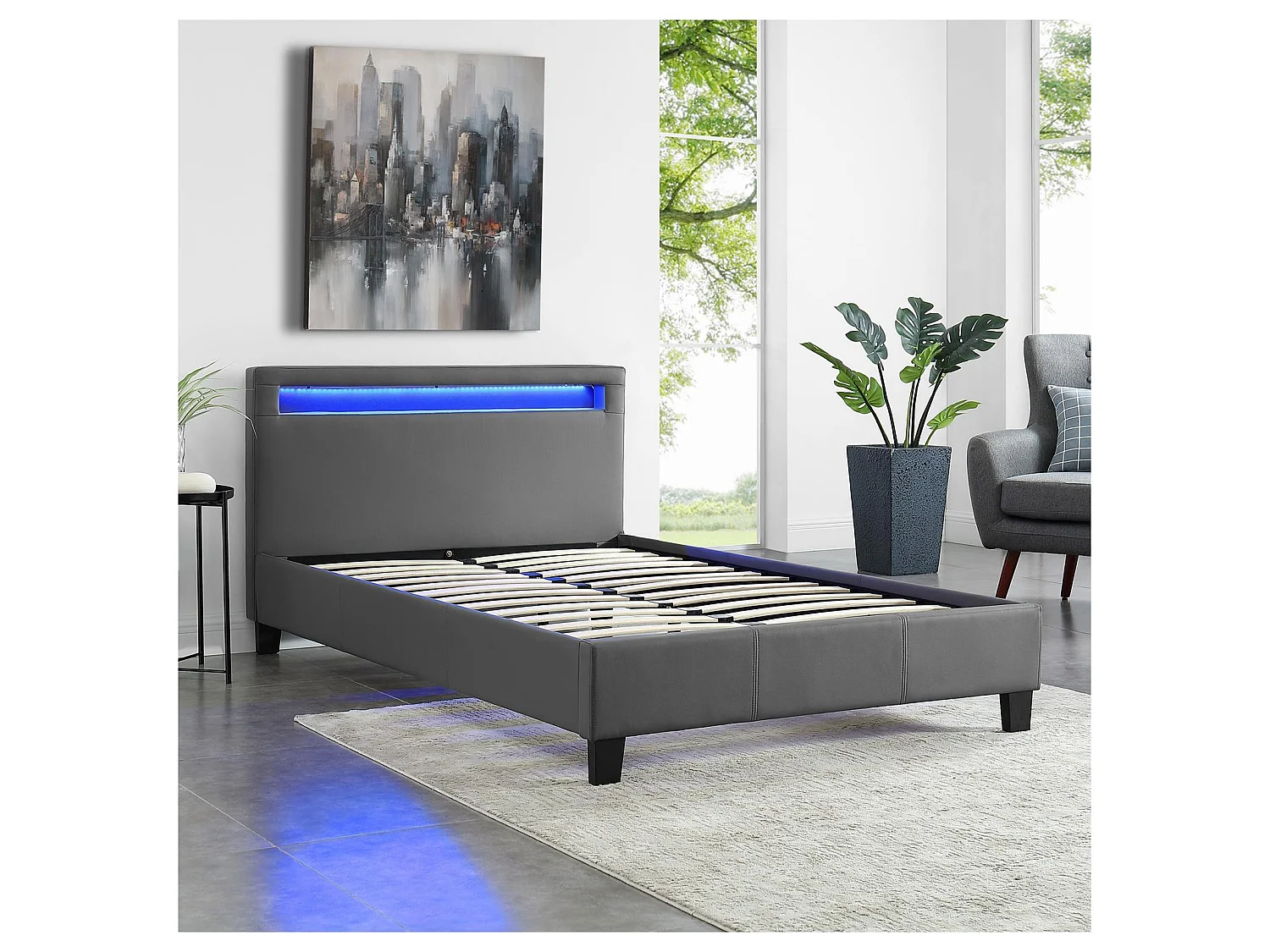 Lit LED simple 120x190 cm avec sommier, tête de lit confortable, lit 1 place revêtement synthétique gris, MIRANDO