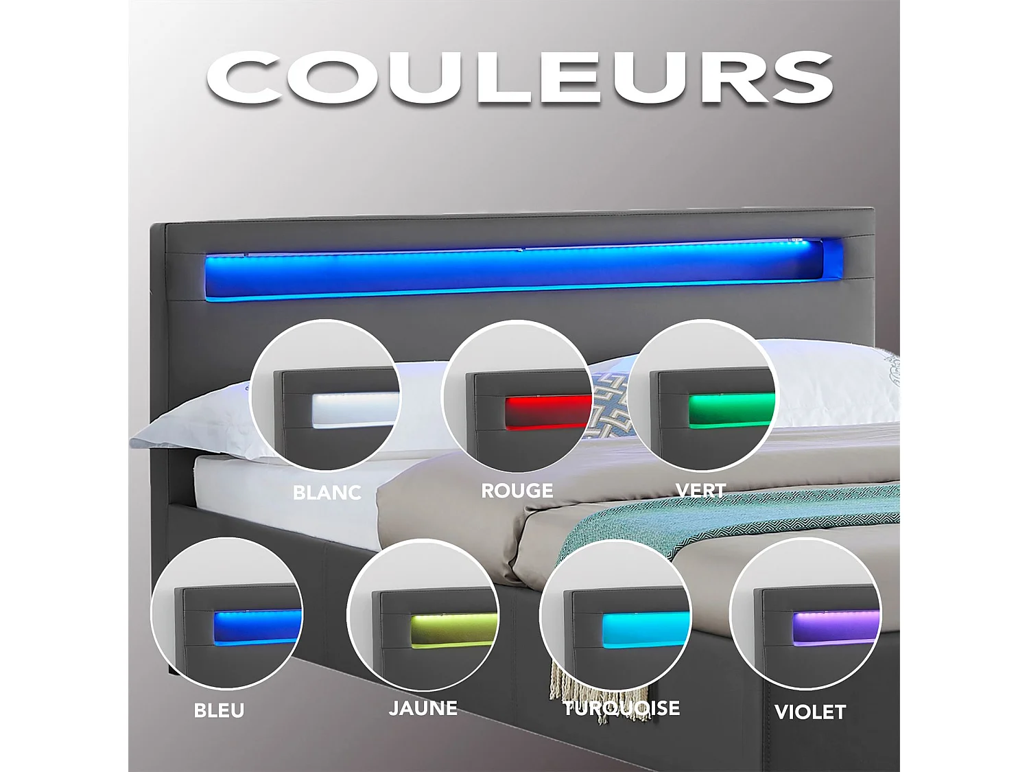 Lit LED simple 120x190 cm avec sommier, tête de lit confortable, lit 1 place revêtement synthétique gris, MIRANDO