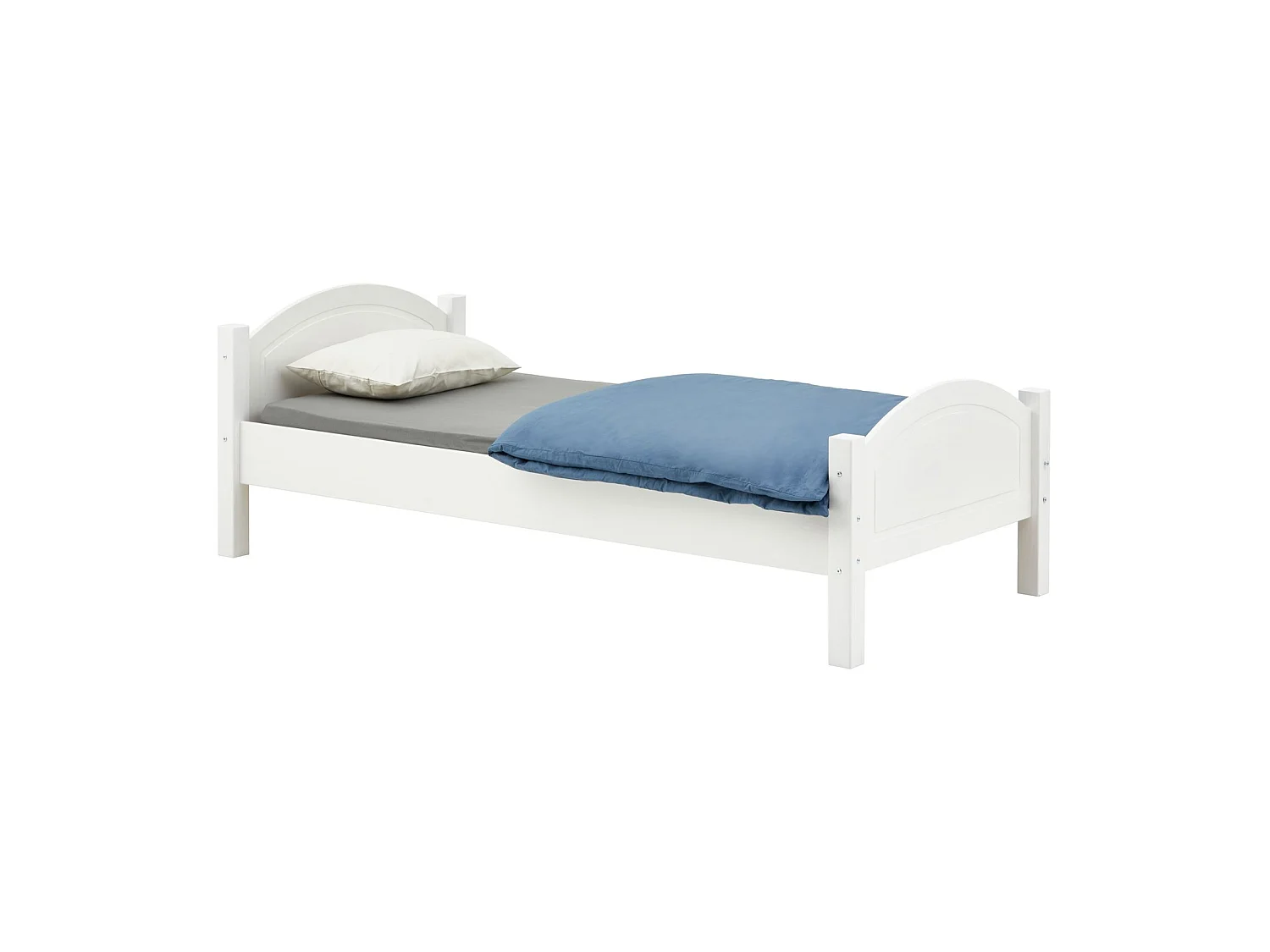 Lit simple FLIMS 90 x 200 cm lit pour enfant en pin massif lasuré blanc, avec tête et pied de lit arrondi