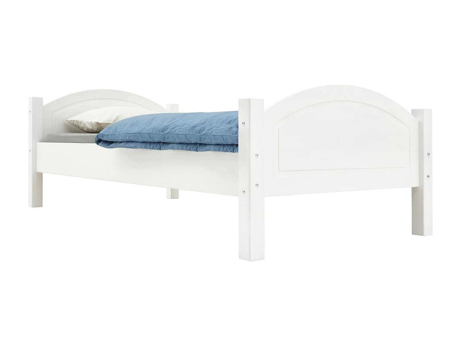 Lit simple FLIMS 90 x 200 cm lit pour enfant en pin massif lasuré blanc, avec tête et pied de lit arrondi