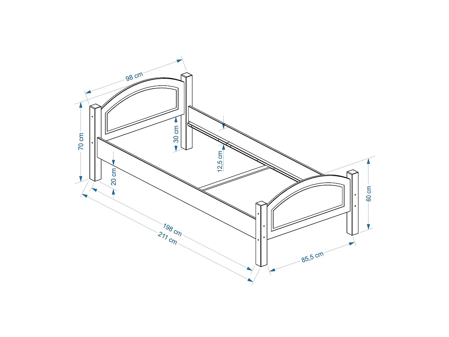 Lit simple FLIMS 90 x 200 cm lit pour enfant en pin massif vernis naturel, avec tête et pied de lit arrondil