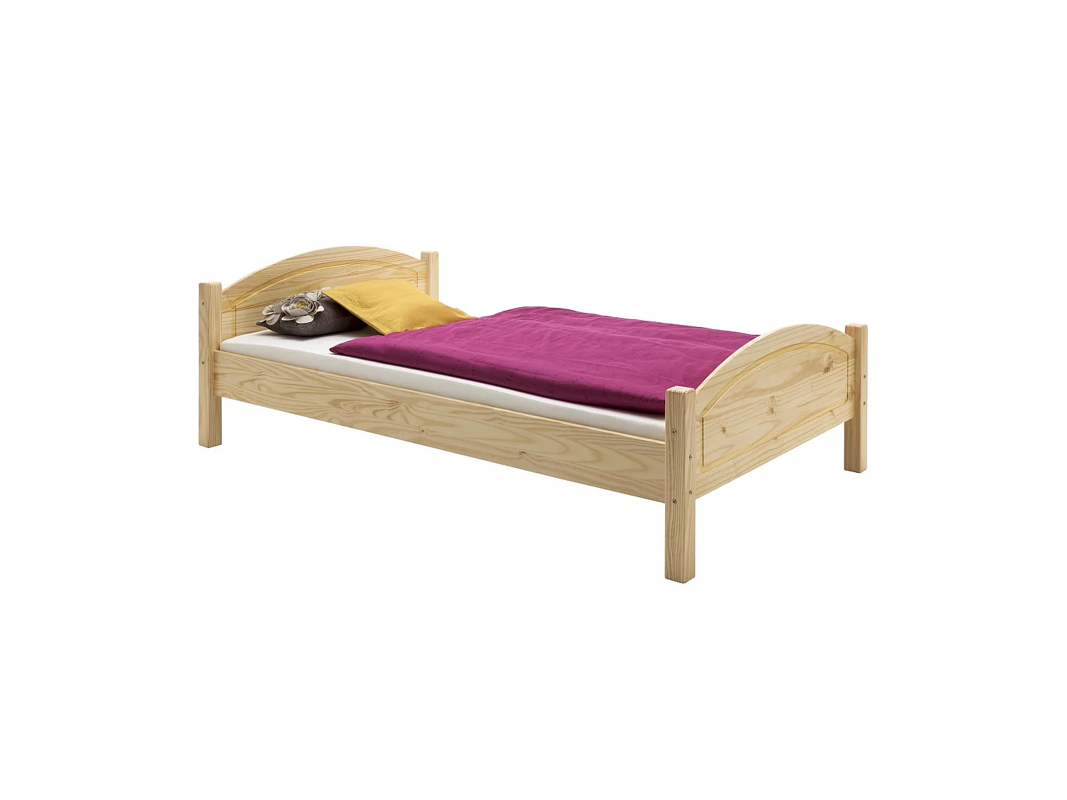Lit simple FLIMS 90 x 200 cm lit pour enfant en pin massif vernis naturel, avec tête et pied de lit arrondil