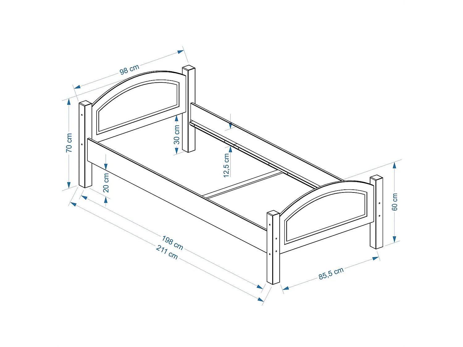 Lit simple FLIMS 90 x 200 cm lit pour enfant en pin massif vernis naturel, avec tête et pied de lit arrondil