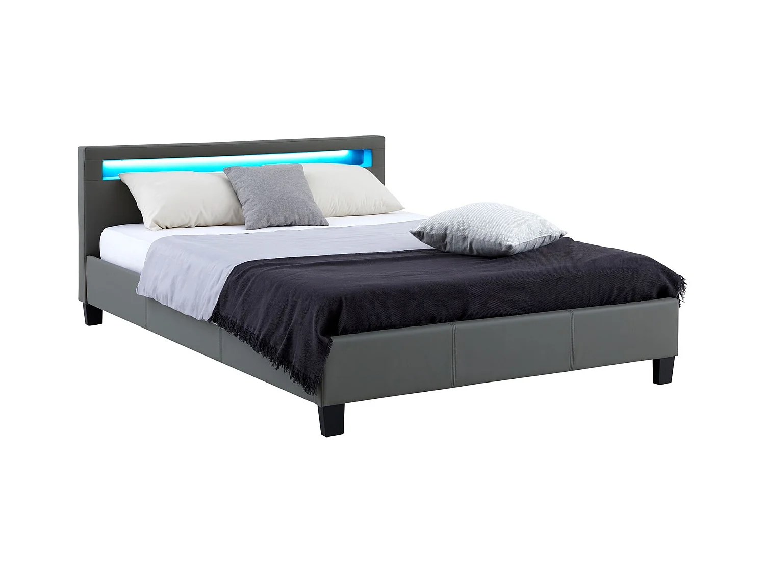 Lit LED double 140x190 cm avec sommier, tête de lit confortable, lit 1 place revêtement synthétique gris, PINOT