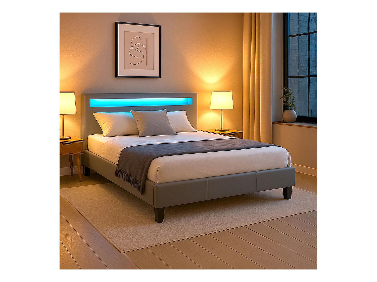 Lit LED double 140x190 cm avec sommier, tête de lit confortable, lit 1 place revêtement synthétique gris, PINOT