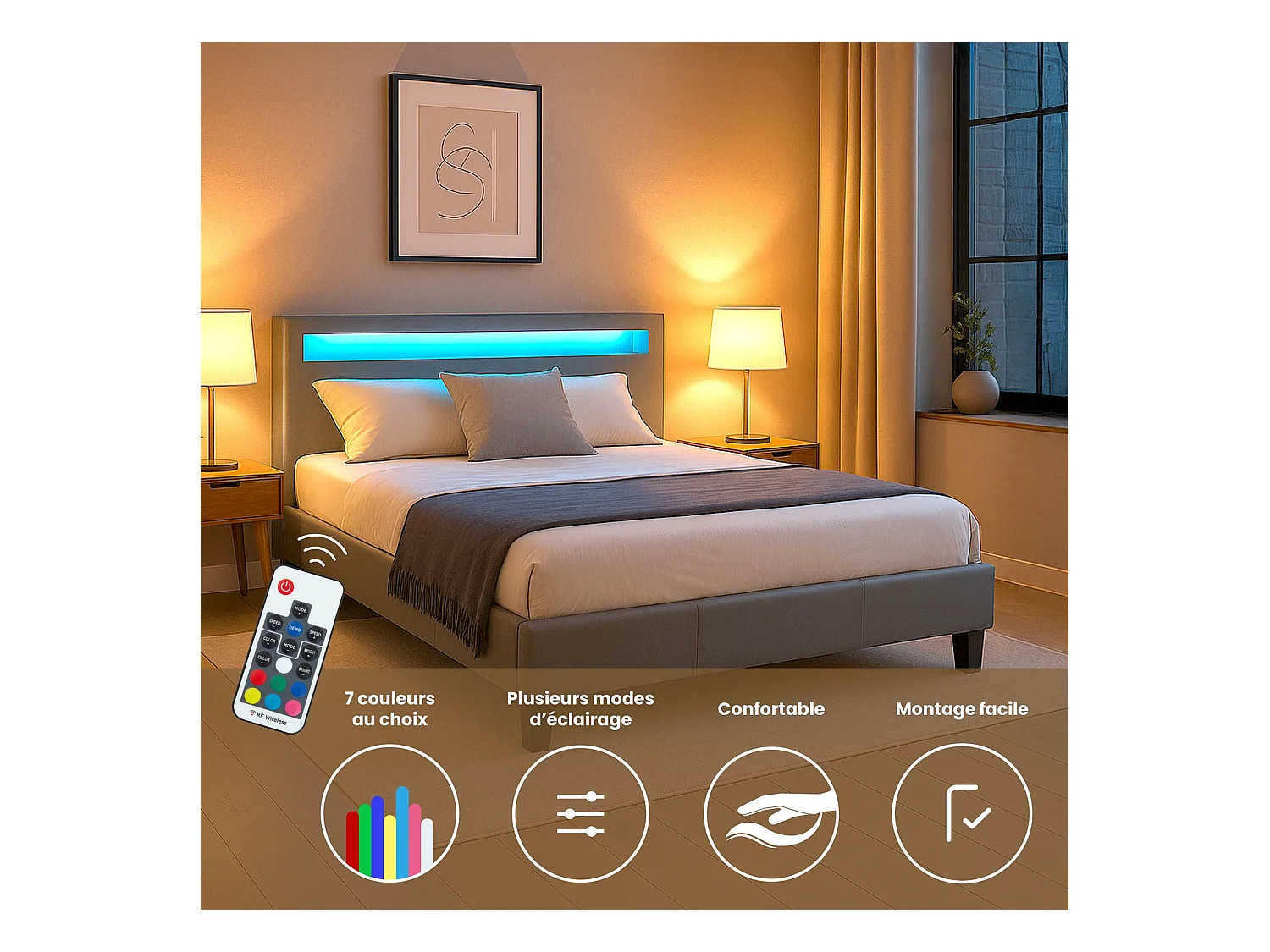 Lit LED double 140x190 cm avec sommier, tête de lit confortable, lit 1 place revêtement synthétique gris, PINOT