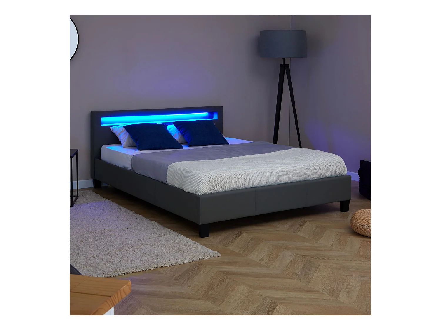 Lit LED double 140x190 cm avec sommier, tête de lit confortable, lit 1 place revêtement synthétique gris, PINOT