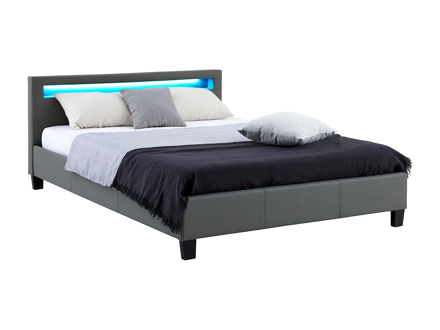 Lit LED double 140x190 cm avec sommier, tête de lit confortable, lit 1 place revêtement synthétique gris, PINOT