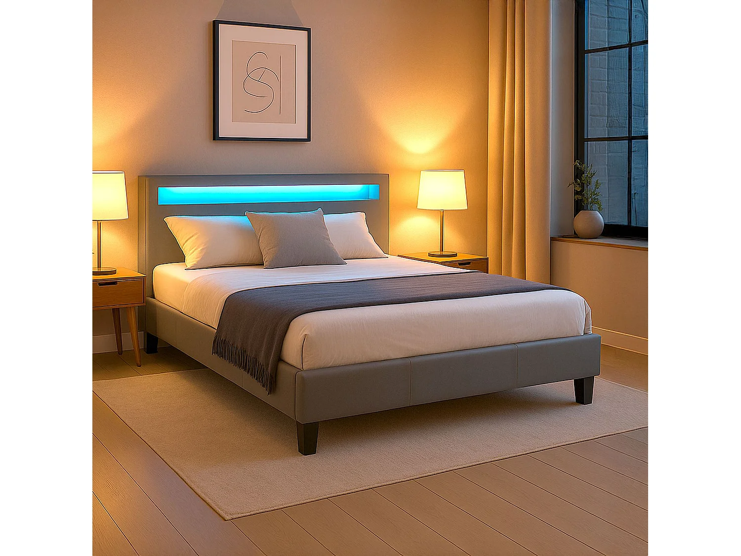 Lit LED double 140x190 cm avec sommier, tête de lit confortable, lit 1 place revêtement synthétique gris, PINOT