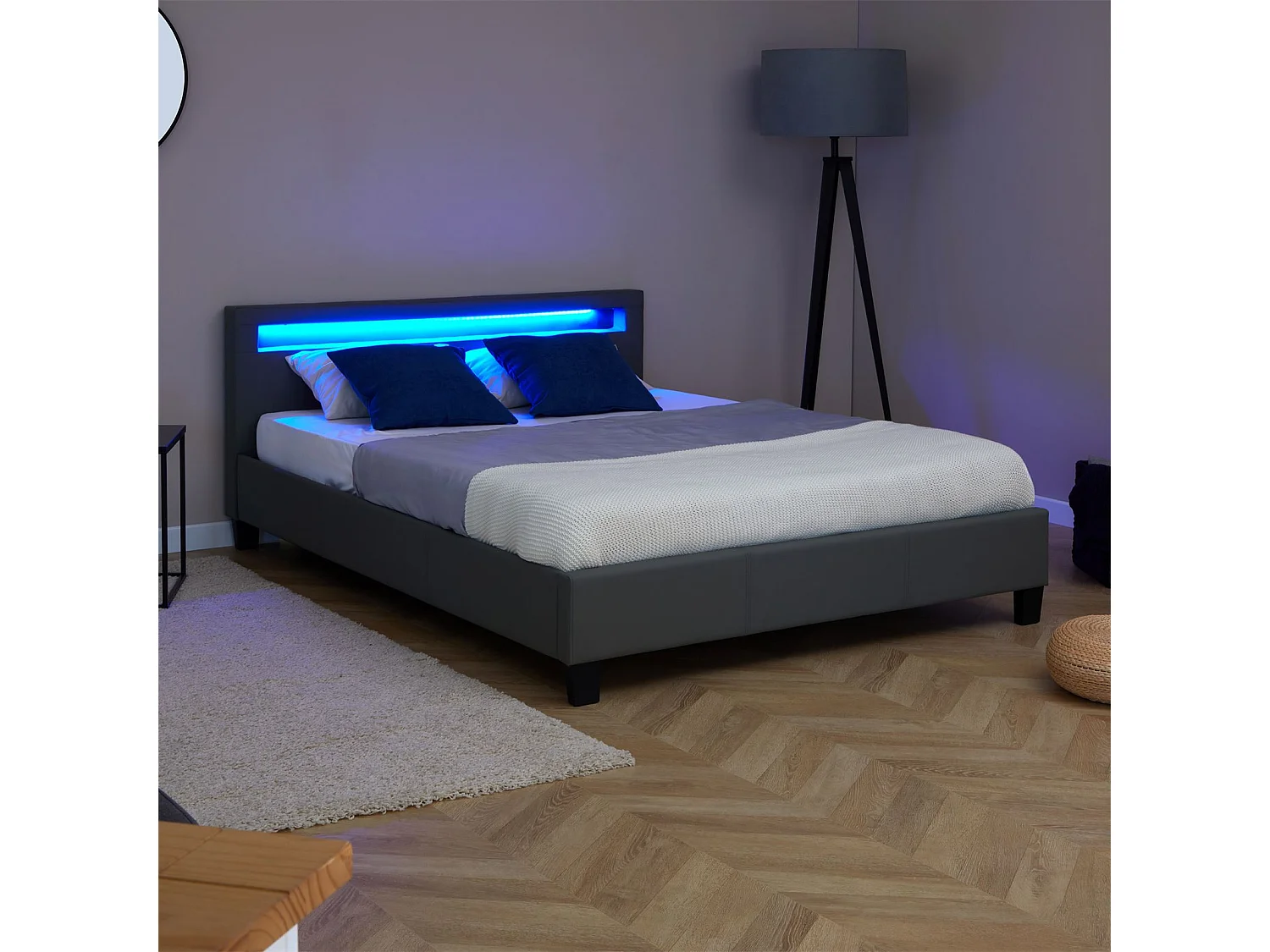 Lit LED double 140x190 cm avec sommier, tête de lit confortable, lit 1 place revêtement synthétique gris, PINOT