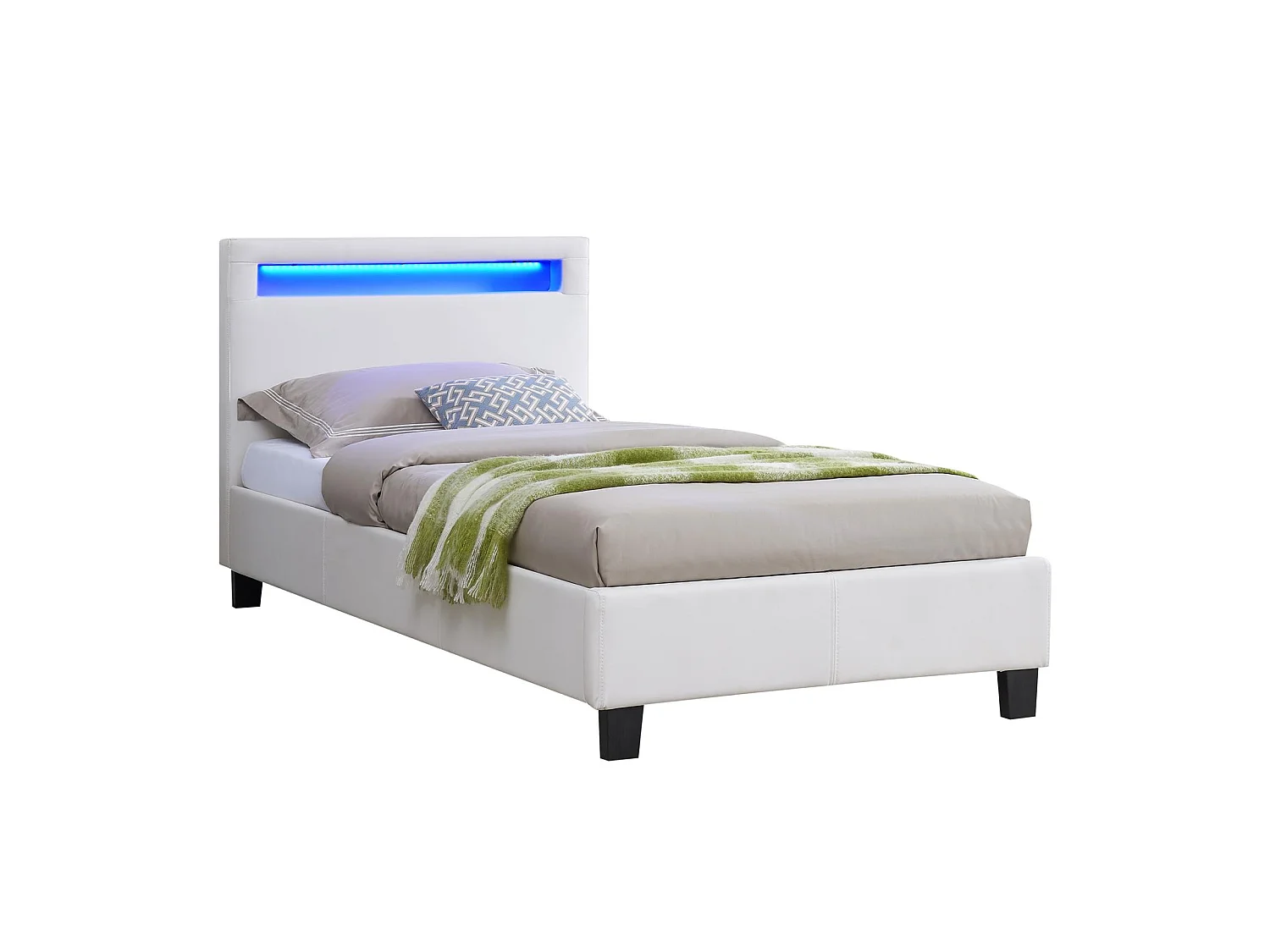 Lit LED simple 90x190 cm avec sommier, tête de lit confortable, lit 1 place revêtement synthétique blanc, LUCENO