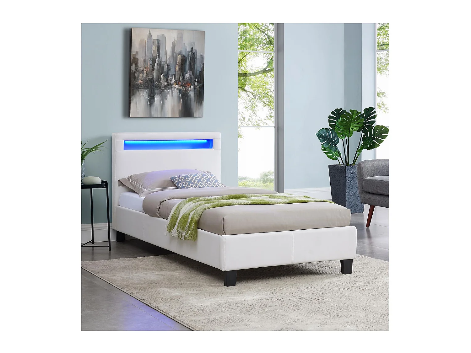 Lit LED simple 90x190 cm avec sommier, tête de lit confortable, lit 1 place revêtement synthétique blanc, LUCENO