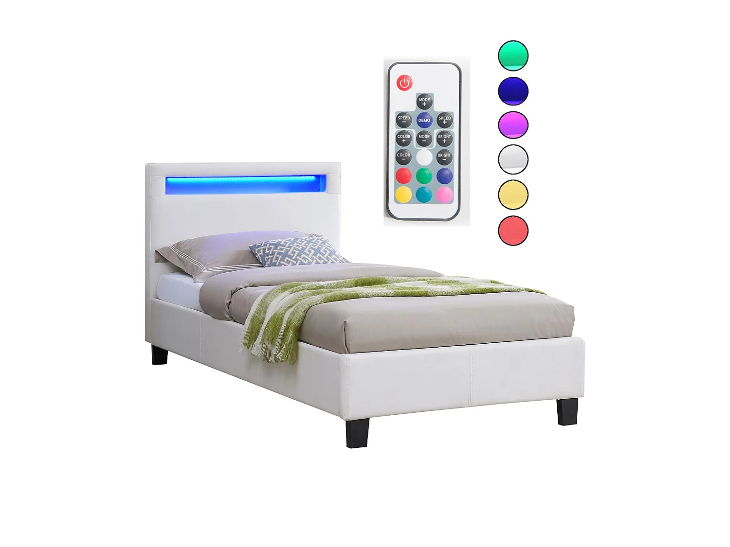 Lit LED simple 90x190 cm avec sommier, tête de lit confortable, lit 1 place revêtement synthétique blanc, LUCENO
