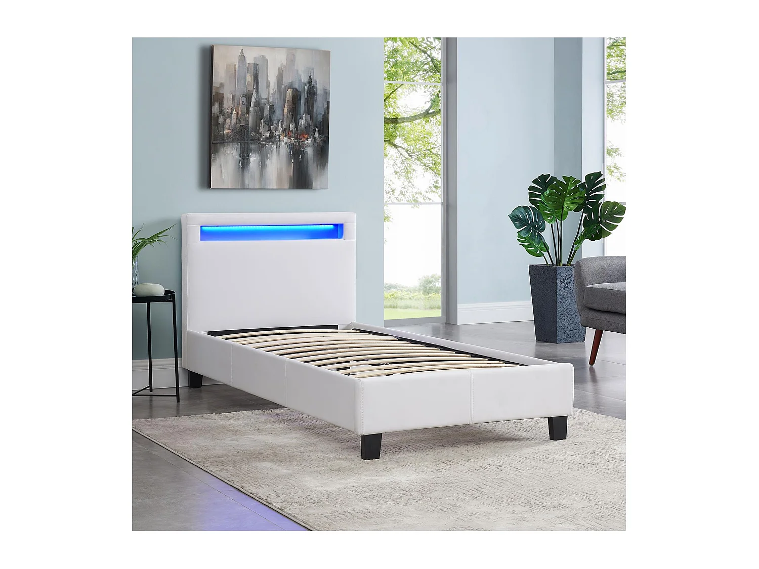 Lit LED simple 90x190 cm avec sommier, tête de lit confortable, lit 1 place revêtement synthétique blanc, LUCENO